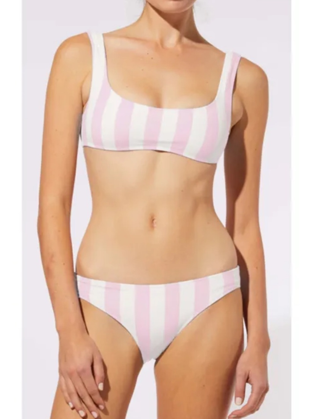 SOLID & STRIPED Pink & White Vertical Stripe Scoop Bikini